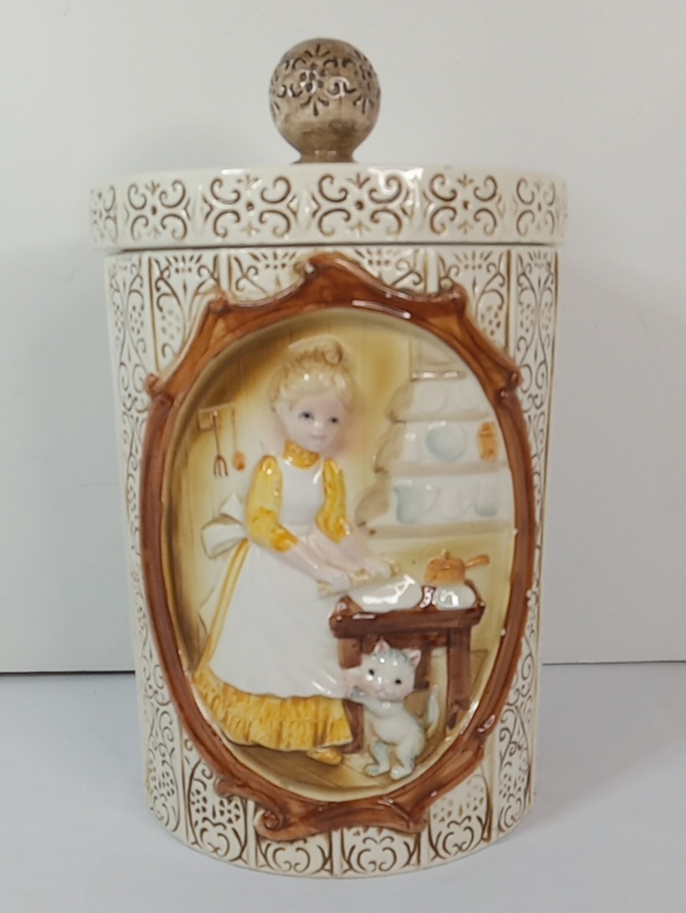 Vintage 78' Sears Roebuck And Co Decorative Cookie Jar with Girl & Kitten